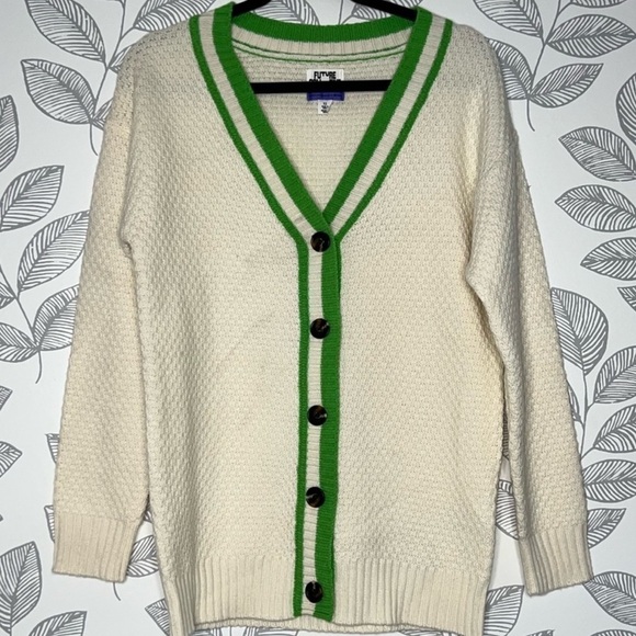 Future Collective Varsity Cardigan Sweater XS Kahlana Barfield Brown Ivory Green - Picture 2 of 12